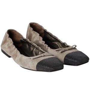 Brunello Cucinelli Suede Ballet Flats with Monili cap toe and bow
